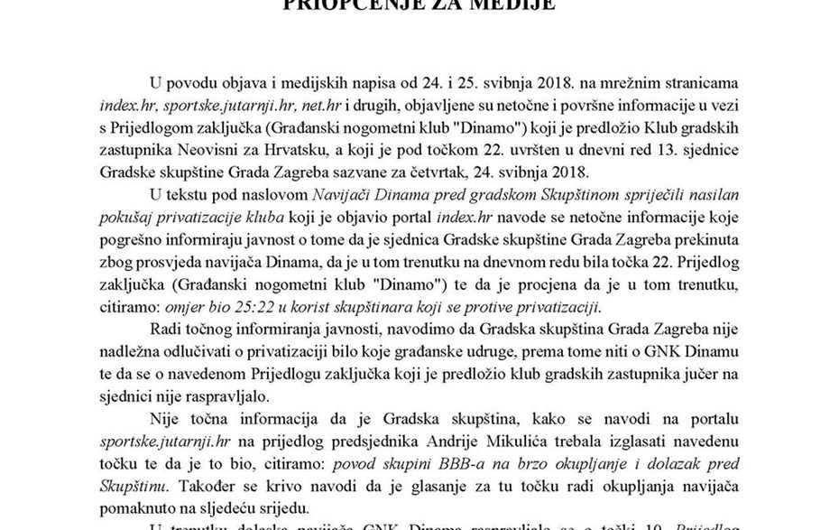 Priopćenje za medije u povodu prosvjeda navijača GNK Dinamo